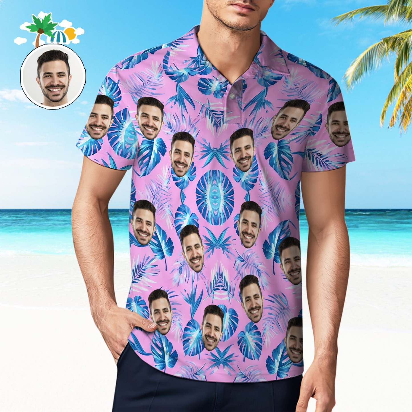 Custom Face Polo Shirt Pink Polo Shirt Blue Palm Leaf Polo Shirt Gift For Him - MyFaceSocksAU