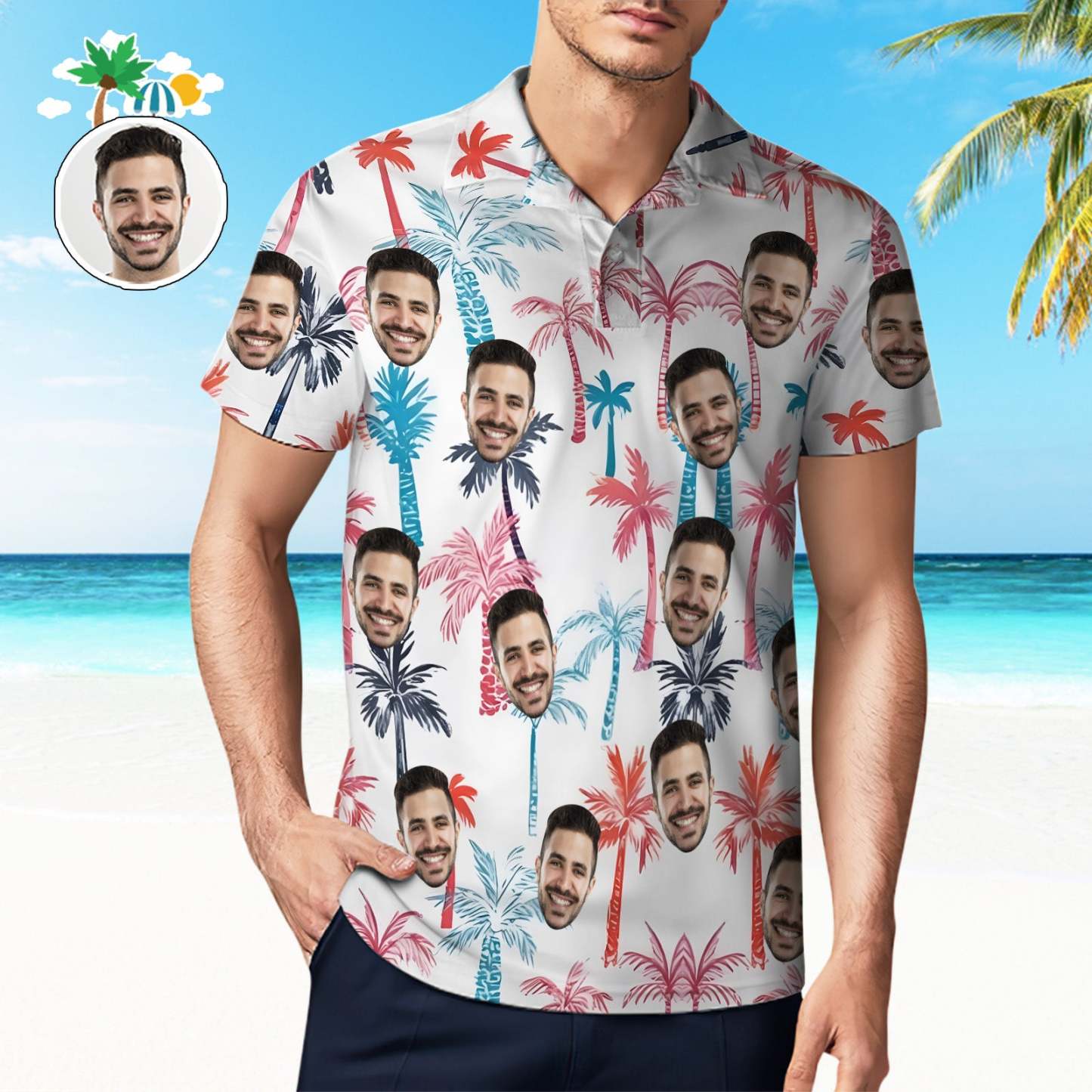 Custom Men's Hawaiian Face Polo Shirt Multicolor Coconut Tree Polo Shirt - MyFaceSocksAU