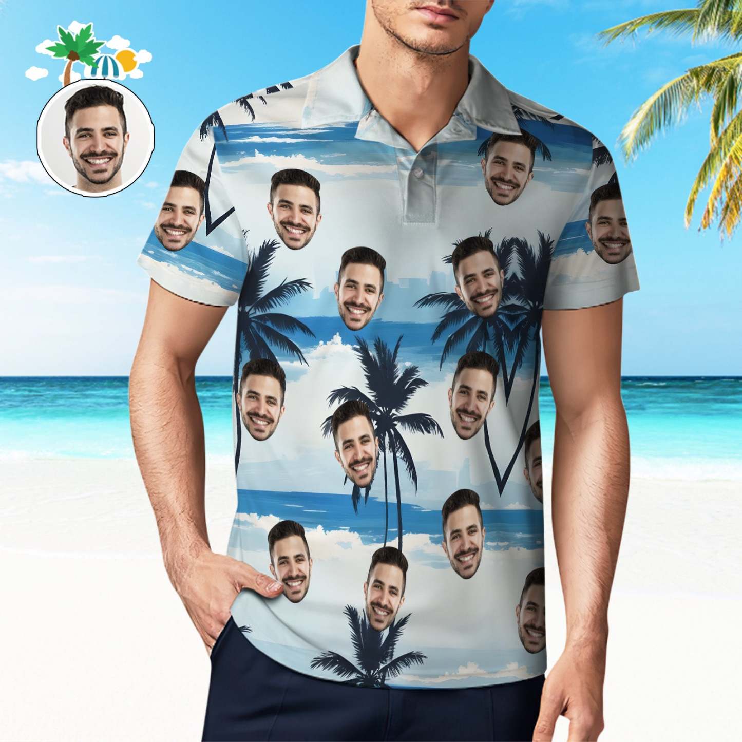 Custom Men's Face Polo Shirt Blue Sea And Coconut Tree Face Polo Shirt-MyFaceSocksAu