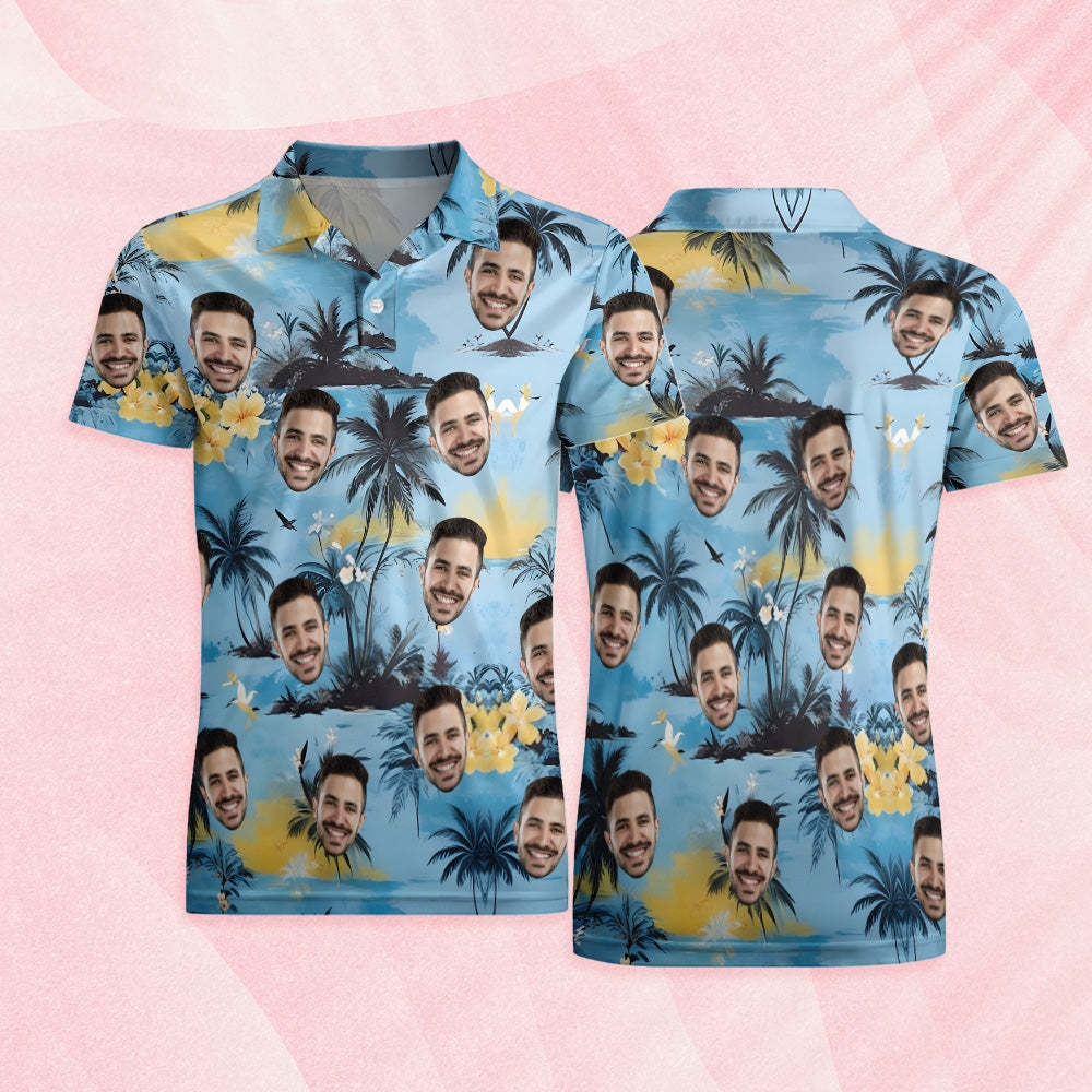 Custom Men's Hawaiian Polo Shirts Short Sleeve Tropical Yellow Flowers and Coconut Tree Golf Shirt - MyFaceSocksAU