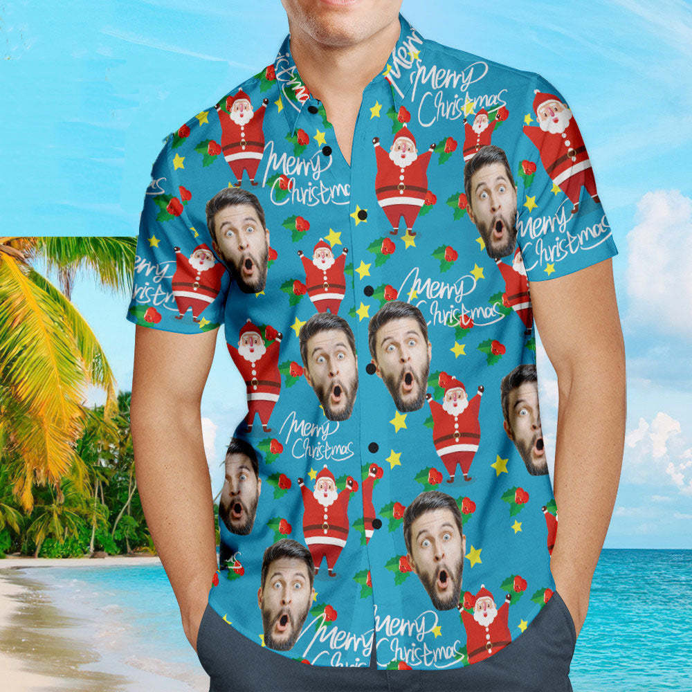 Custom Face Shirt Personalized Photo Men's Hawaiian Shirt Christmas Gift - Happy Santa