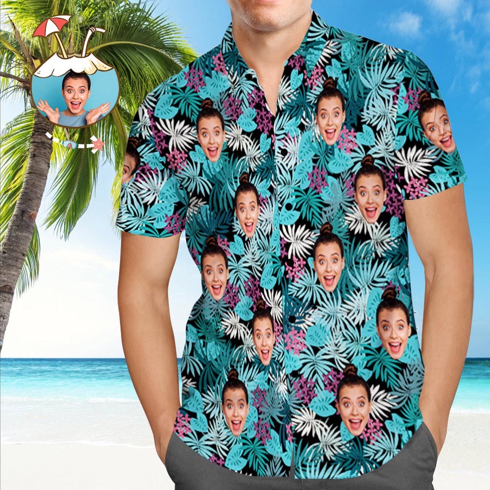 Custom Face Hawaiian Shirt Colorful Leaves Personaalized Hawaiian Shirts - MyFaceSocksAu