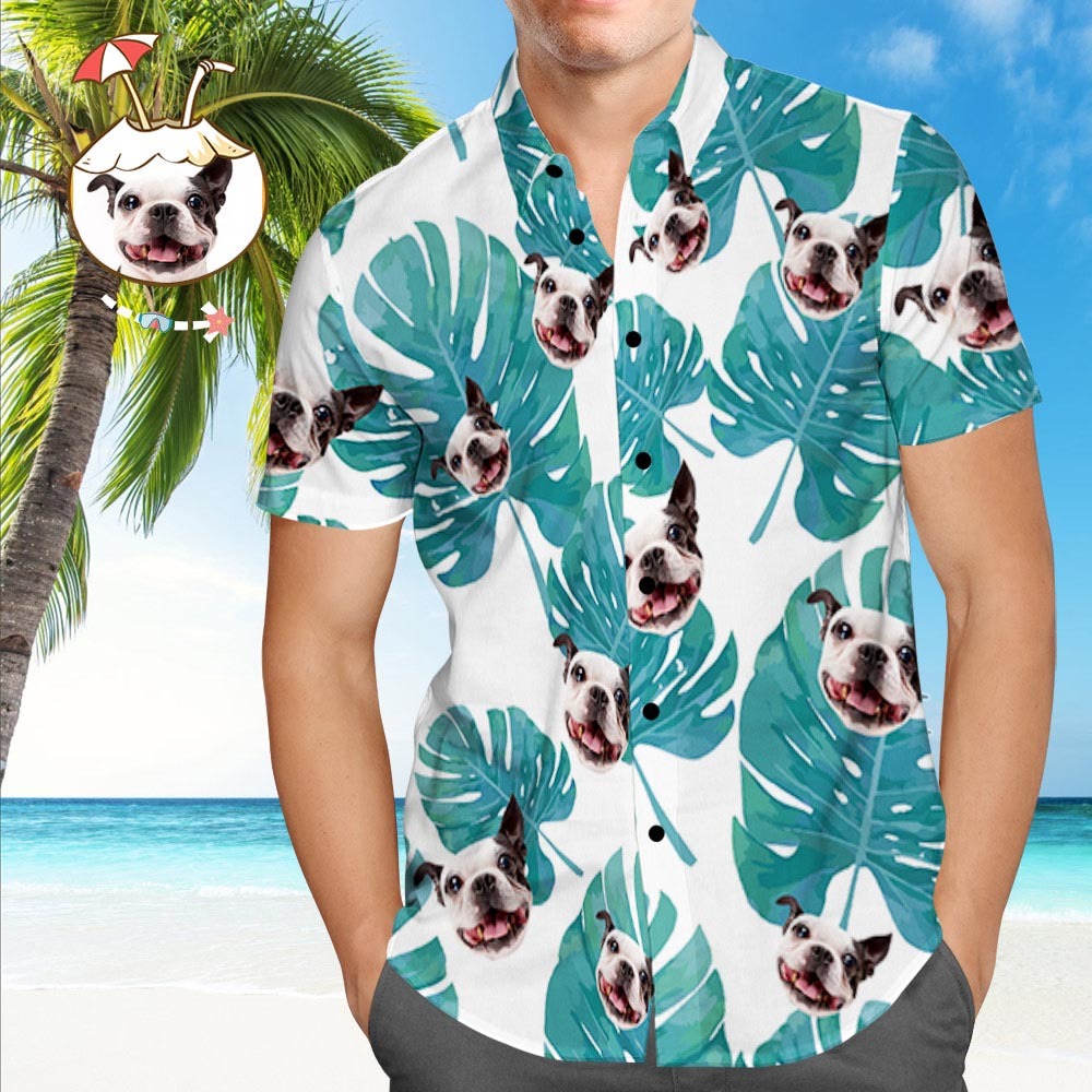 Custom Dog Face Hawaiian Shirt Custom Tropical Shirts Green Leaves Beach Shirt - MyFaceSocksAu