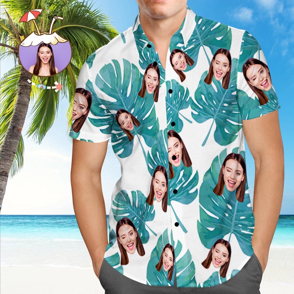 Custom Dog Face Hawaiian Shirt Custom Tropical Shirts Green Leaves Beach Shirt - MyFaceSocksAu