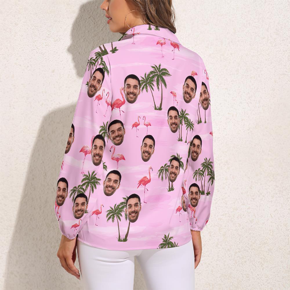 Custom Cat Face Hawaiian Shirts Pink Flamingo Vintage Long Sleeves Hawaiian Shirts for Women - MyFaceSocksAu