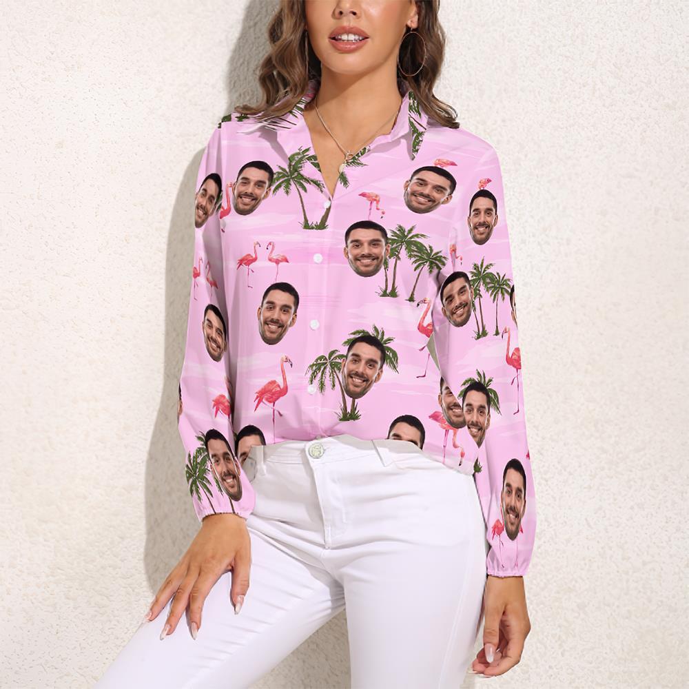 Custom Cat Face Hawaiian Shirts Pink Flamingo Vintage Long Sleeves Hawaiian Shirts for Women - MyFaceSocksAu