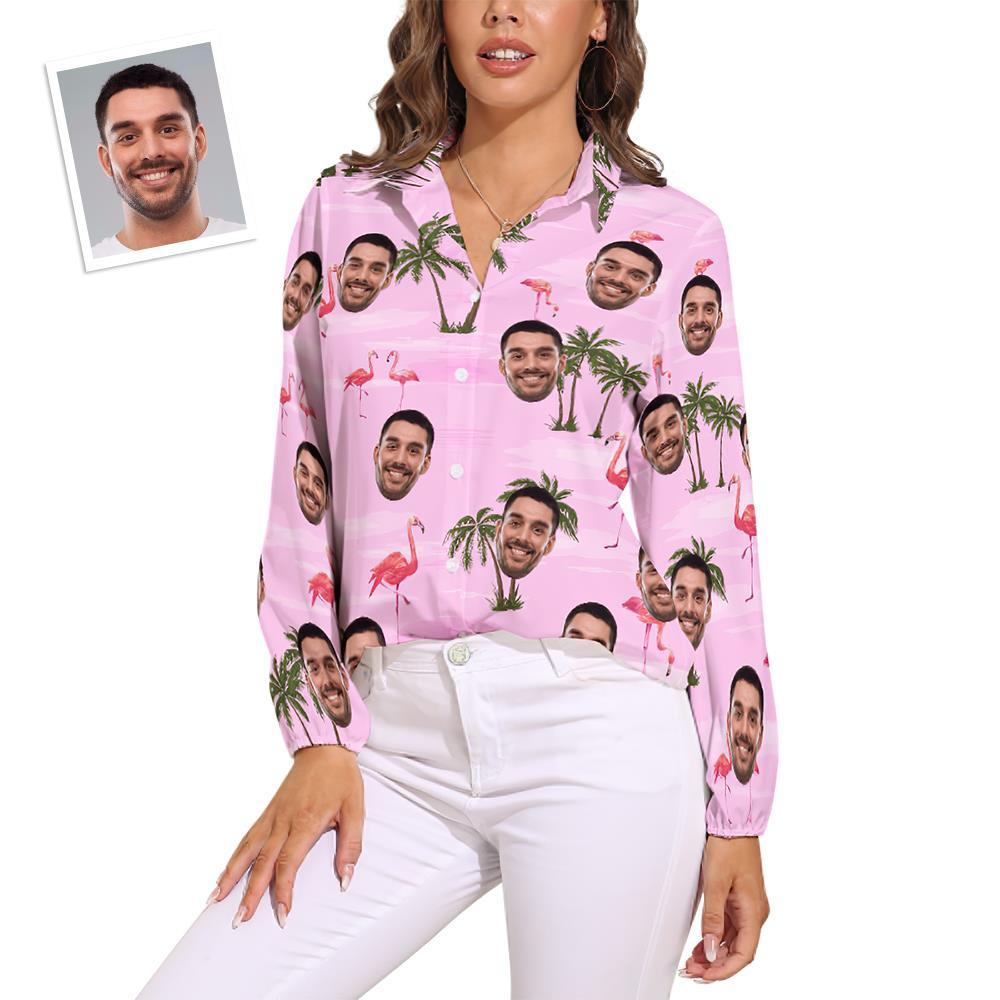 Custom Cat Face Hawaiian Shirts Pink Flamingo Vintage Long Sleeves Hawaiian Shirts for Women - MyFaceSocksAu