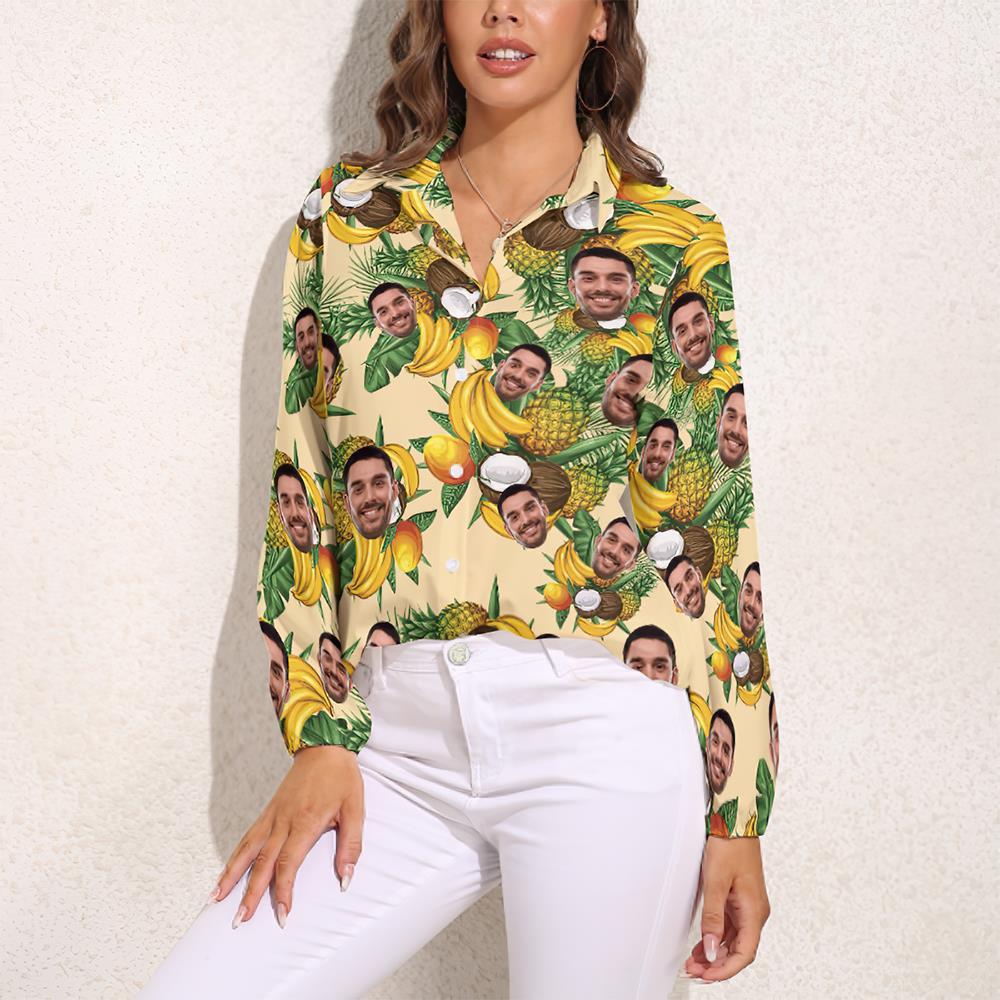 Custom Pet Face Hawaiian Shirts Tropical Fruit Long Sleeves Hawaiian Shirts for Women - MyFaceSocksAu
