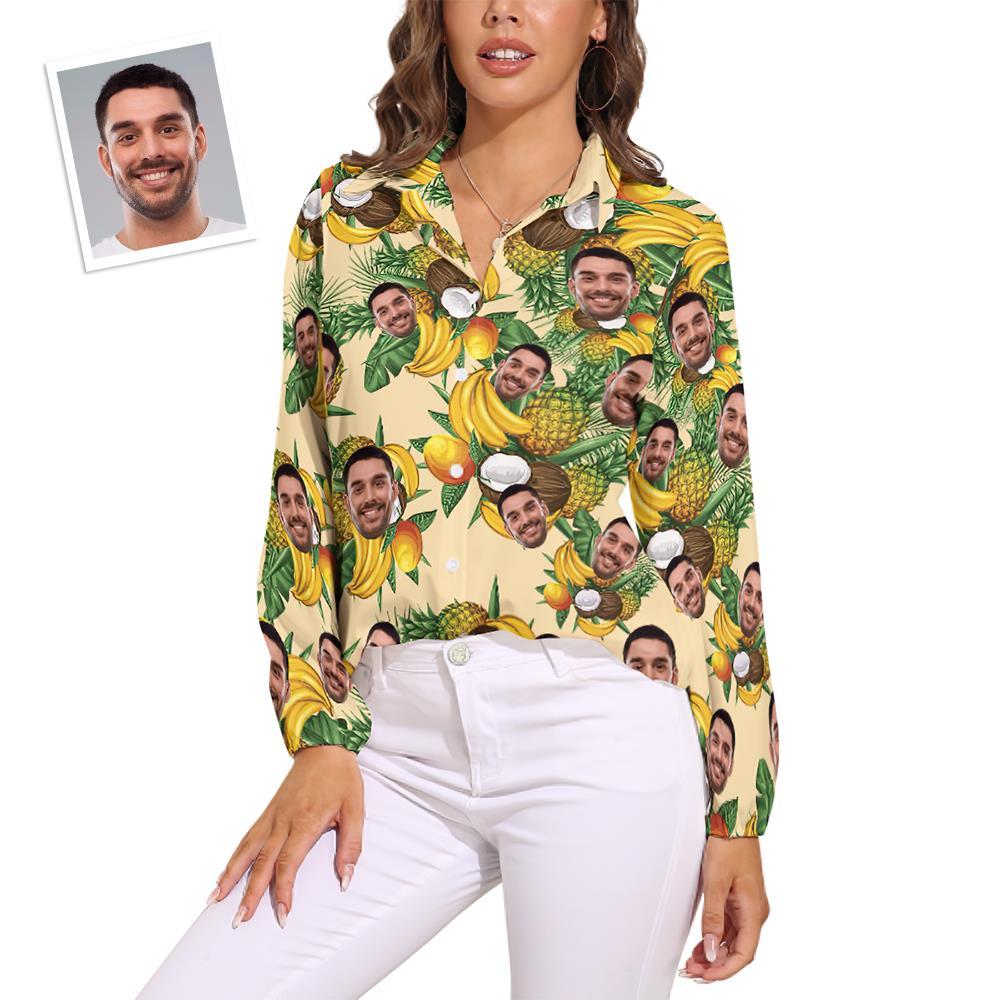 Custom Pet Face Hawaiian Shirts Tropical Fruit Long Sleeves Hawaiian Shirts for Women - MyFaceSocksAu