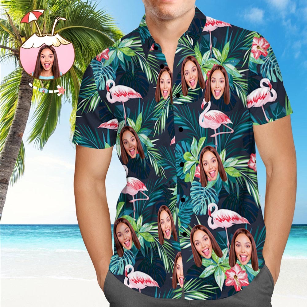 Custom Hawaiian Shirt with Face Custom Dog Face Shirt Leaves & Flamingo Button Down Shirts Gifts for Pet Lover - MyFaceSocksAu
