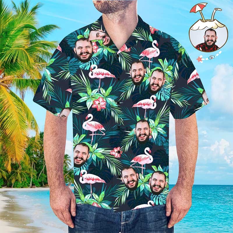 Custom Hawaiian Shirt With Face Personalized Tropical Summer Flamingo Aloha Shirt With Pocket Gift For Lovers - MyFaceSocksAU