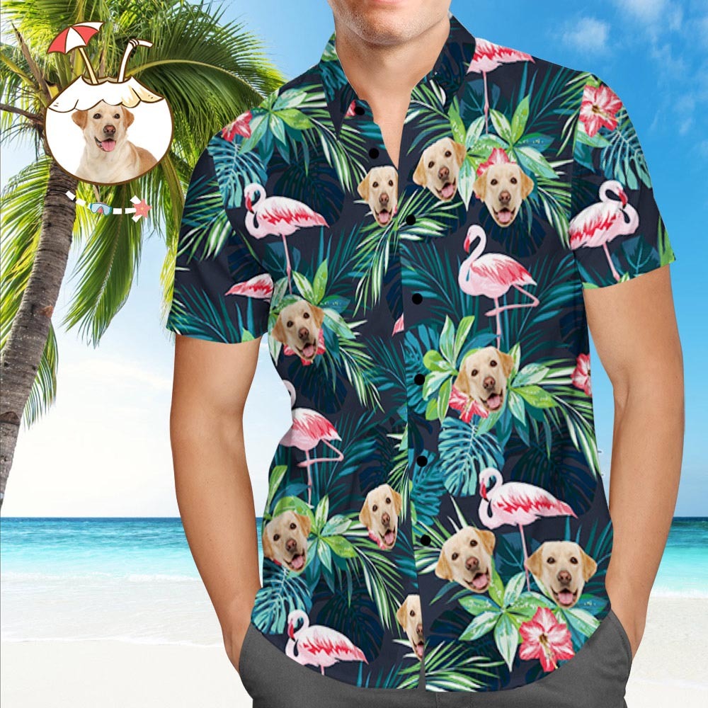 Face on Shirts Custom Hawaiian Shirt with Face Leaves & Flamingo Button Down Shirts - MyFaceSocksAu