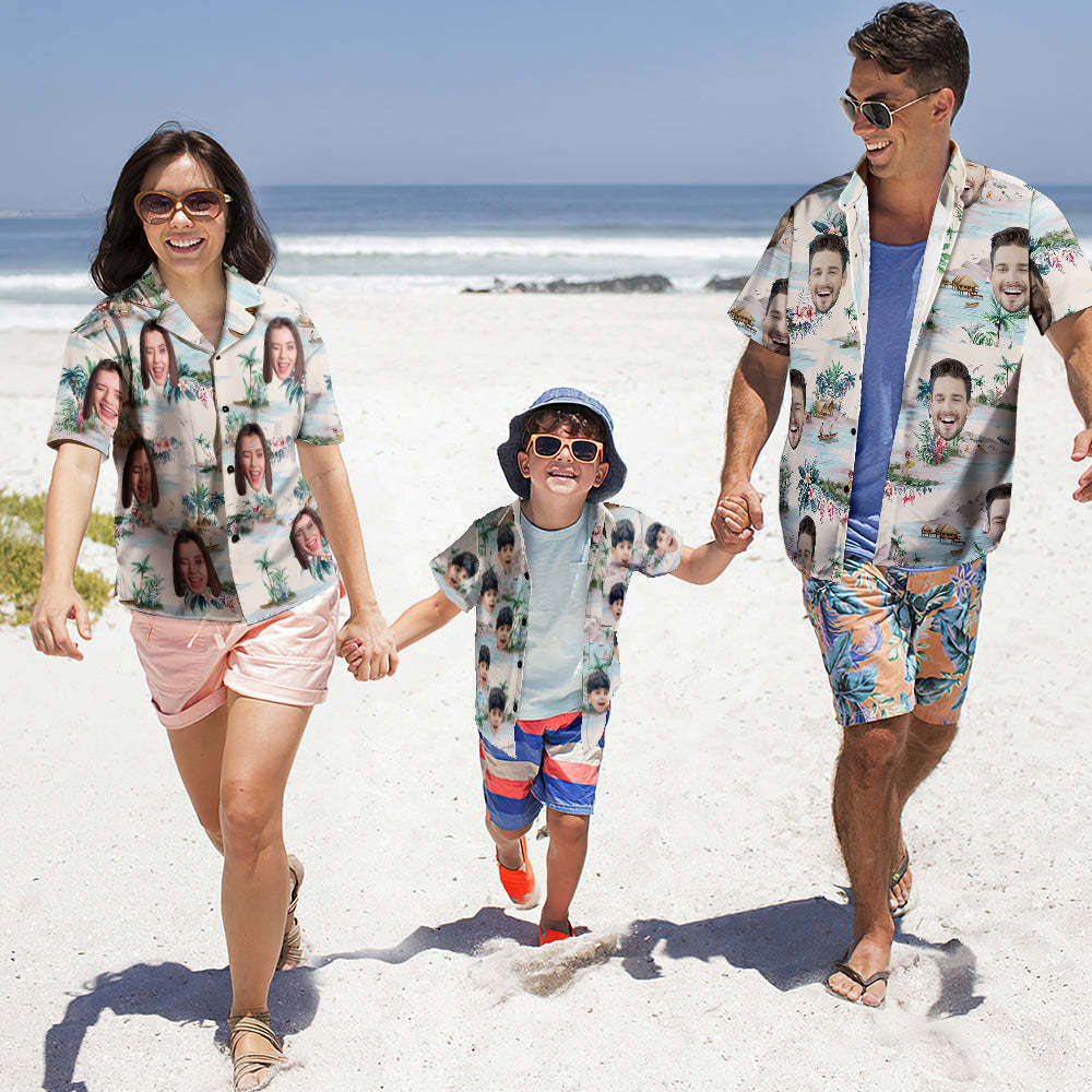 Custom Photo Hawaiian Shirt Parent-child Wears Personalised Face Hawaiian Shirt Gift Sea View - MyFaceSocksAu