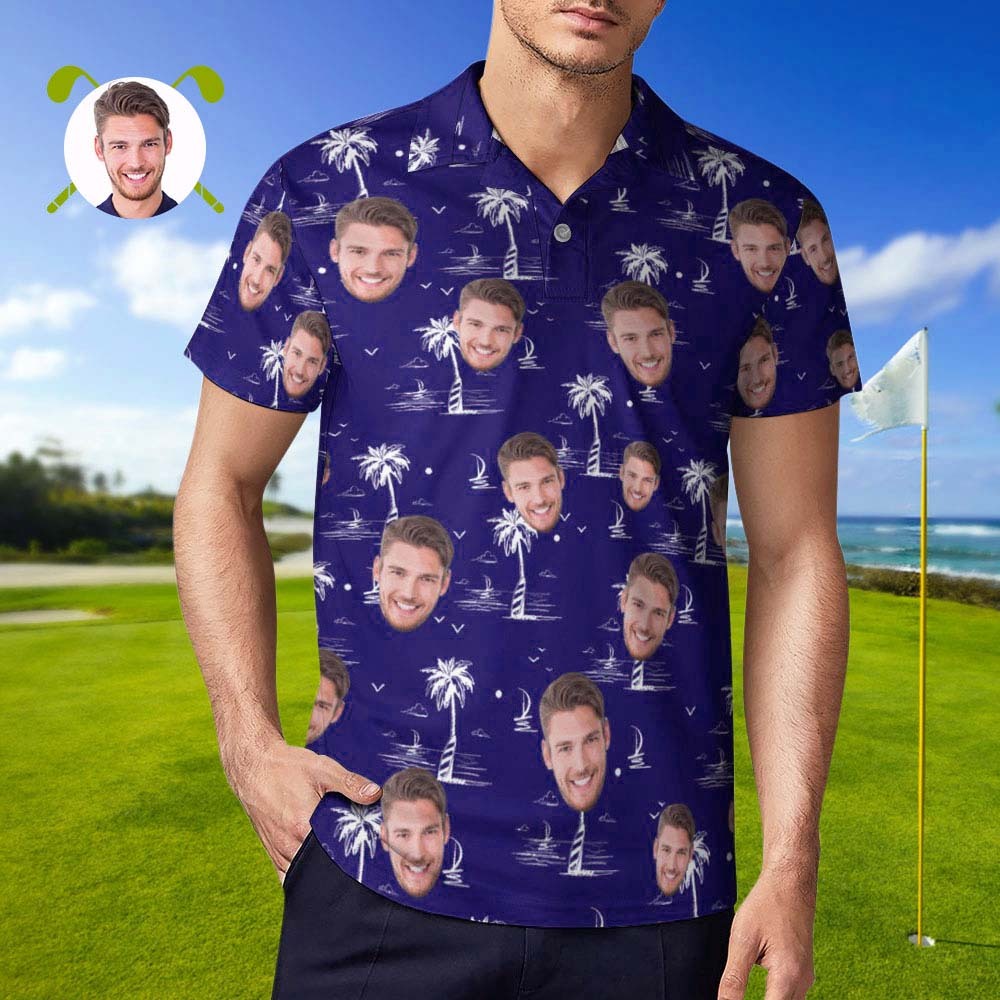 Custom Face Polo Shirt For Men Coconut Tree Island Personalised Hawaiian Golf Shirts - MyFaceSocksAu