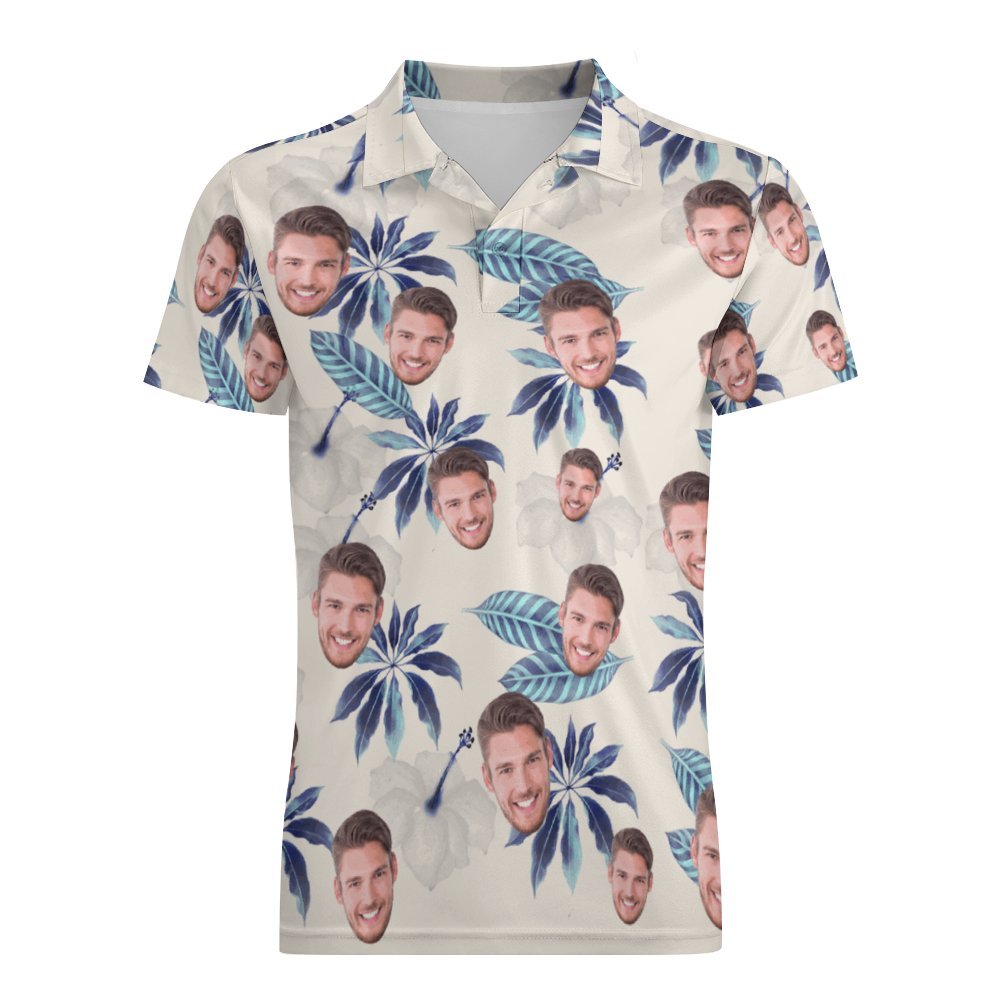 Custom Face Polo Shirt For Men Flowers and Leaves Personalised Hawaiian Golf Shirts - MyFaceSocksAu