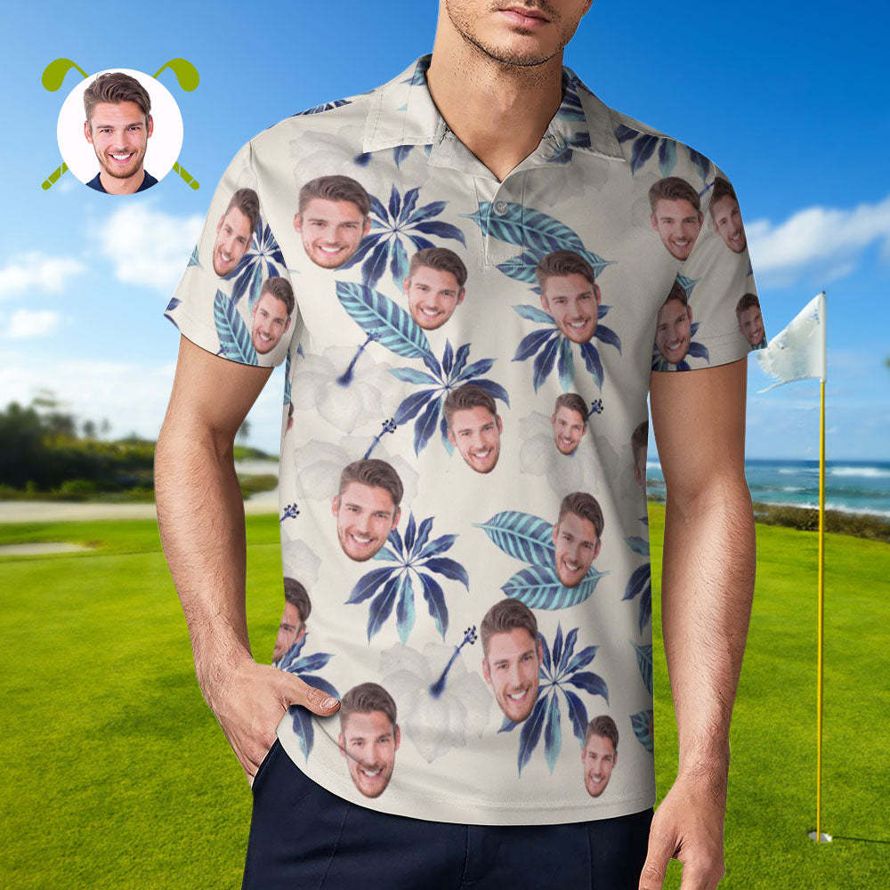 Custom Face Polo Shirt For Men Flowers and Leaves Personalised Hawaiian Golf Shirts - MyFaceSocksAu