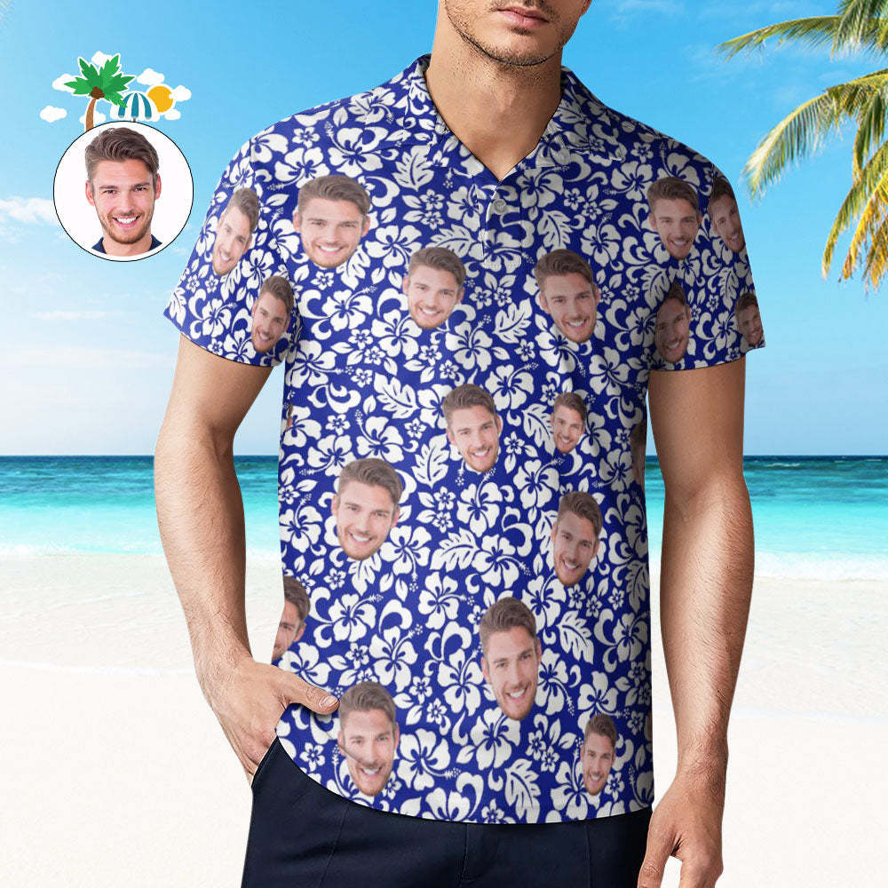 Custom Face Polo Shirt For Men Personalised Blue Hawaiian Golf Shirts - MyFaceSocksAu
