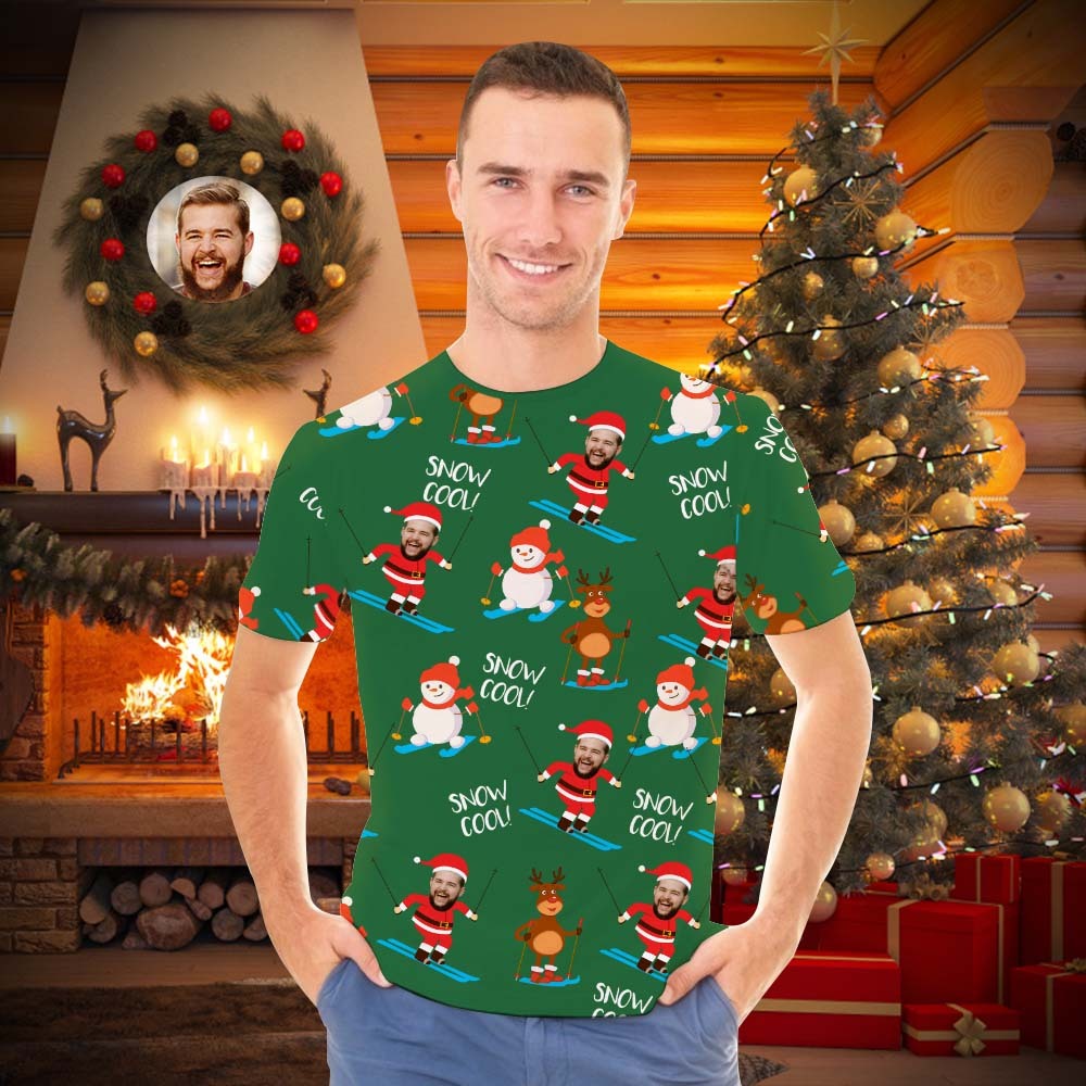 Custom Face Men's T-shirt Personalised Photo Green Santa T-shirt - Snow Cool - MyFaceSocksAu