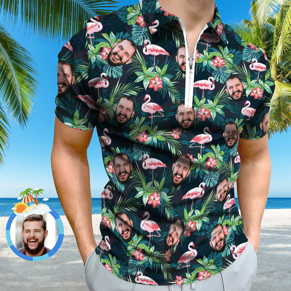 Custom Men's Polo Shirt with Zipper Personalised Face Hawaiian Style Polo Shirt - MyFaceSocksAu
