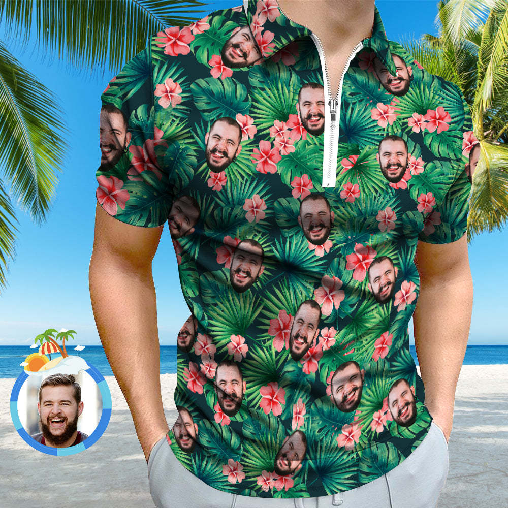 Custom Polo Shirt with Zipper Personalised Face Hawaiian Style Men's Polo Shirt - MyFaceSocksAu