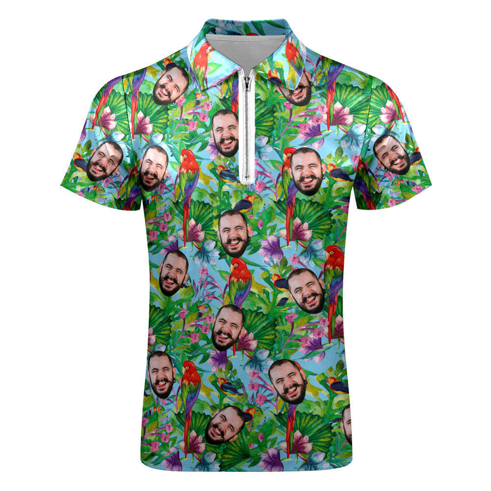 Custom Polo Shirt with Zipper Personalised Face Hawaiian Style Men's Polo Shirt for Him - MyFaceSocksAu