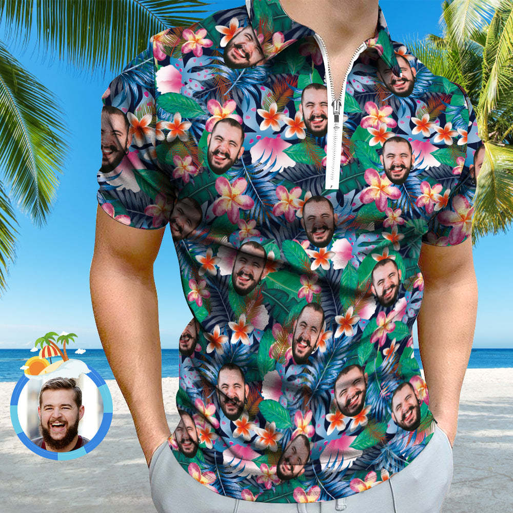 Custom Hawaiian Style Polo Shirt with Zipper Personalised Face Men's Polo Shirt for Him - MyFaceSocksAu
