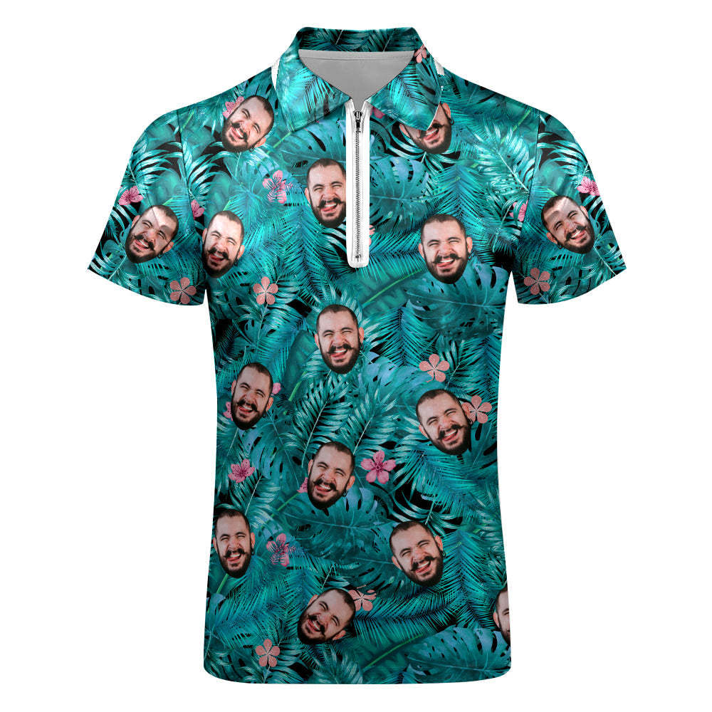 Custom Hawaiian Style Polo Shirt with Zipper Personalised Face Polo Shirt for Boyfriend or Husband - MyFaceSocksAu