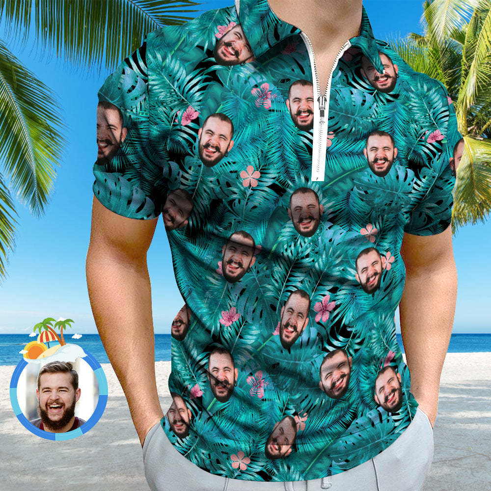 Custom Hawaiian Style Polo Shirt with Zipper Personalised Face Polo Shirt for Boyfriend or Husband - MyFaceSocksAu