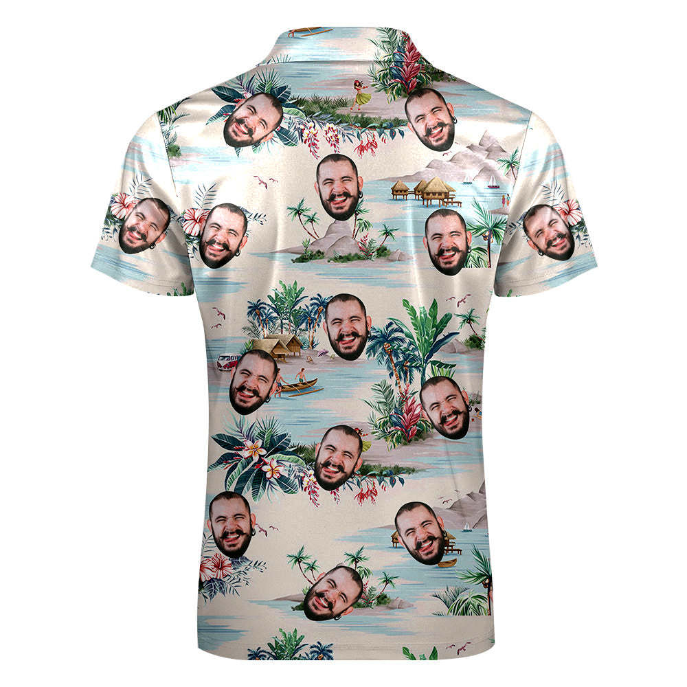 Custom Face Hawaiian Style Polo Shirt with Zipper Men's Polo Shirt for Boyfriend or Husband - MyFaceSocksAu