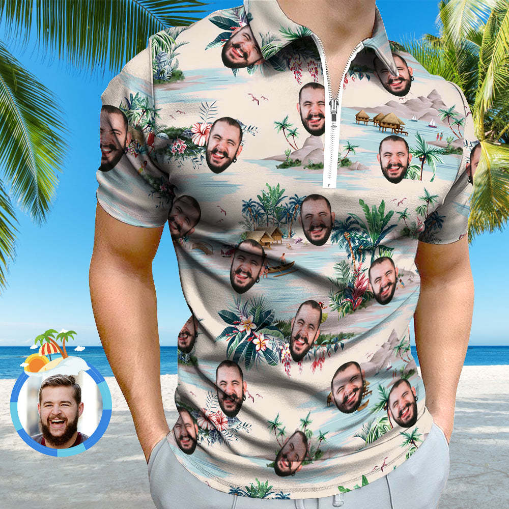 Custom Face Hawaiian Style Polo Shirt with Zipper Men's Polo Shirt for Boyfriend or Husband - MyFaceSocksAu