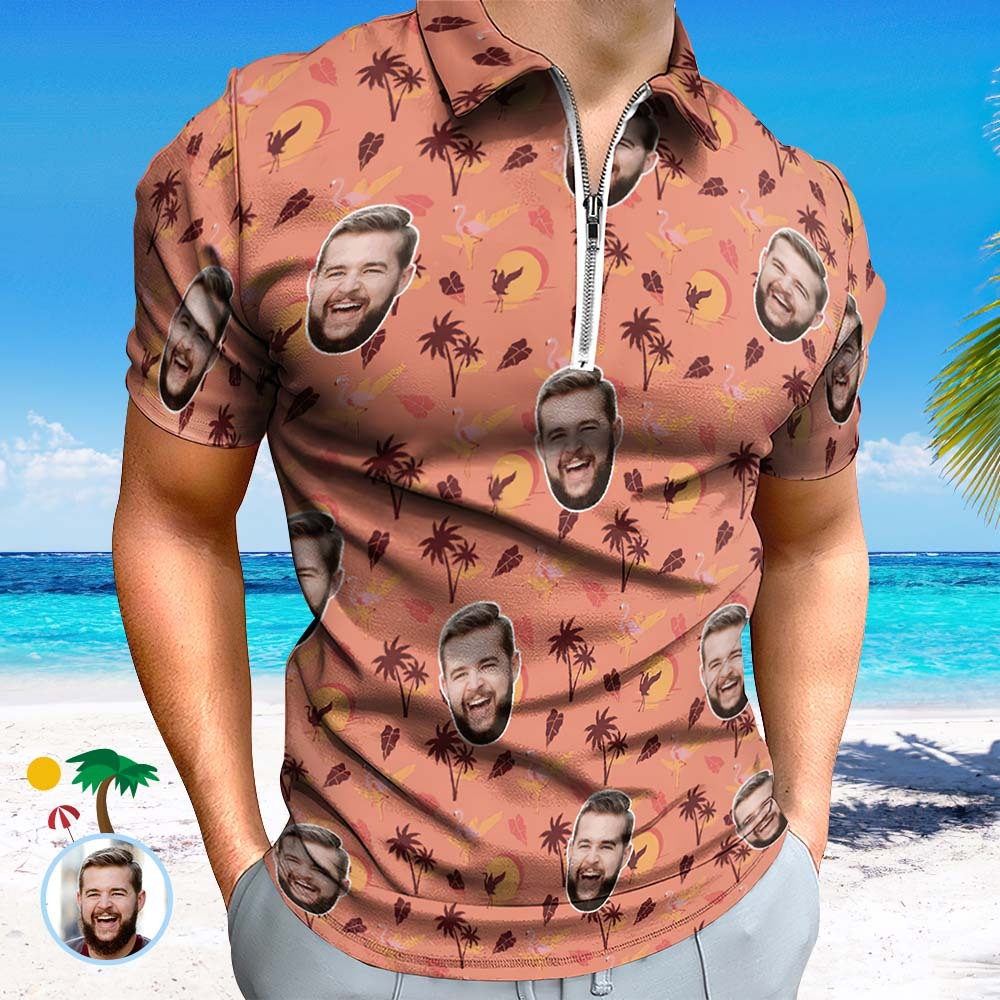 Custom Flamingo Tropical Sunset Men's Polo Shirt Personalised Face Funny Polo Shirt with Zipper - MyFaceSocksAu