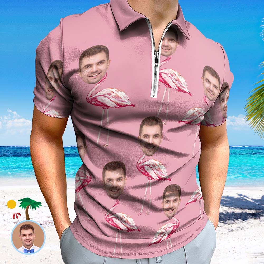 Custom Pink Flamingo Men's Polo Shirt Personalised Face Funny Polo Shirt with Zipper - MyFaceSocksAu