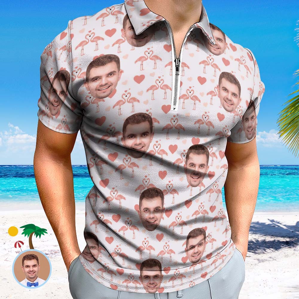 Custom Flamingo Love Men's Polo Shirt Personalised Face Funny Polo Shirt with Zipper - MyFaceSocksAu
