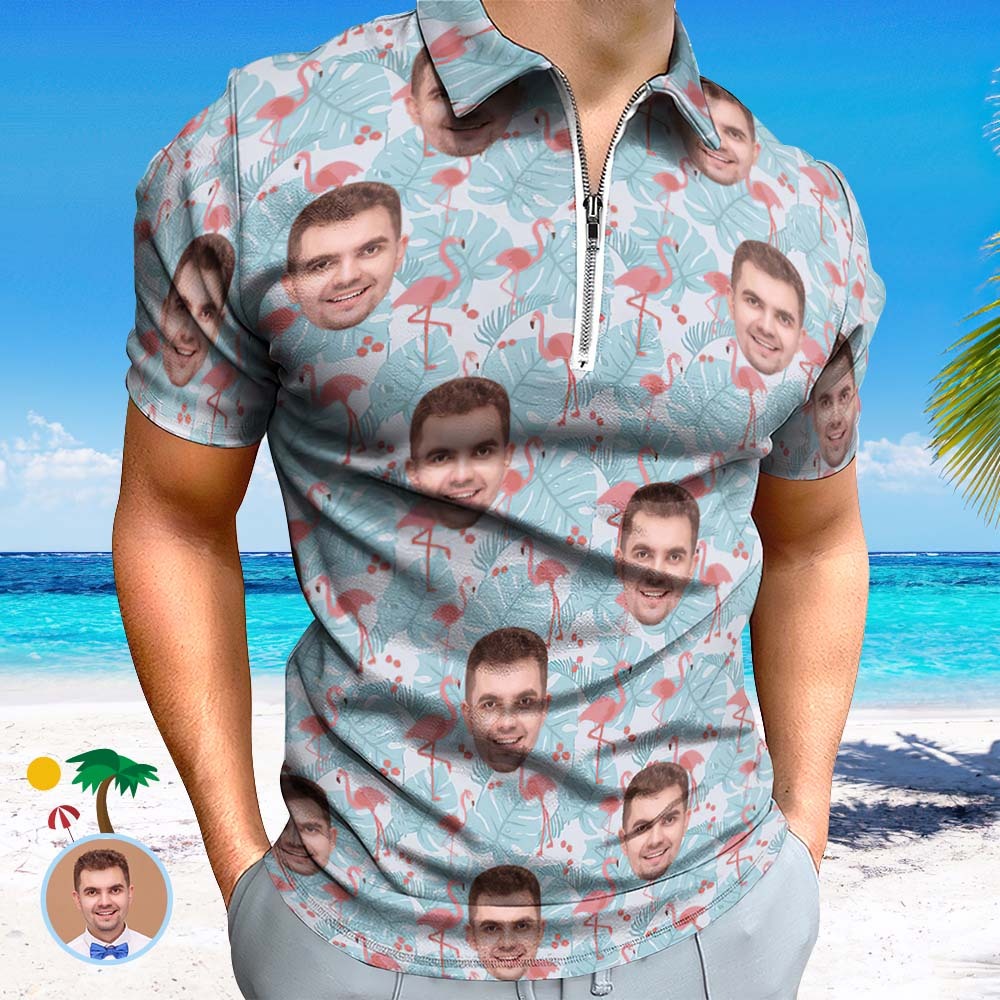 Custom Flamingo Blue Floral Men's Polo Shirt Personalised Face Funny Polo Shirt with Zipper - MyFaceSocksAu