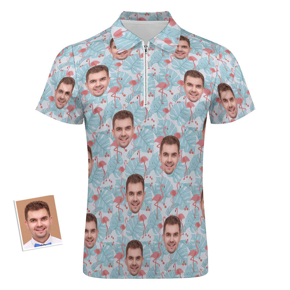 Custom Flamingo Blue Floral Men's Polo Shirt Personalised Face Funny Polo Shirt with Zipper - MyFaceSocksAu