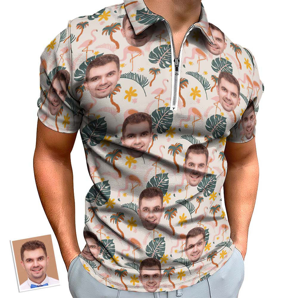 Custom Flamingo Wild Floral Men's Polo Shirt Personalised Face Funny Polo Shirt with Zipper - MyFaceSocksAu