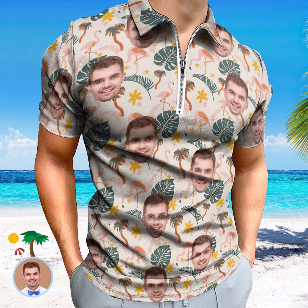 Custom Flamingo Wild Floral Men's Polo Shirt Personalised Face Funny Polo Shirt with Zipper - MyFaceSocksAu