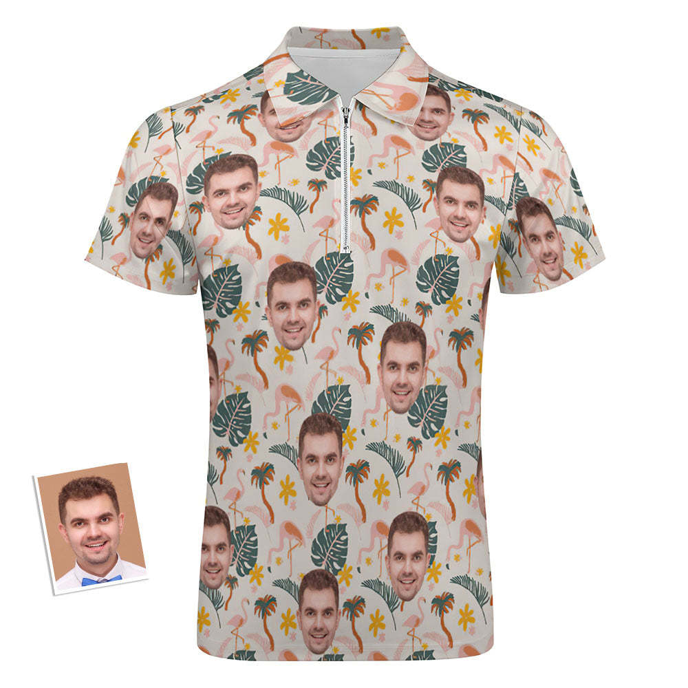 Custom Flamingo Wild Floral Men's Polo Shirt Personalised Face Funny Polo Shirt with Zipper - MyFaceSocksAu