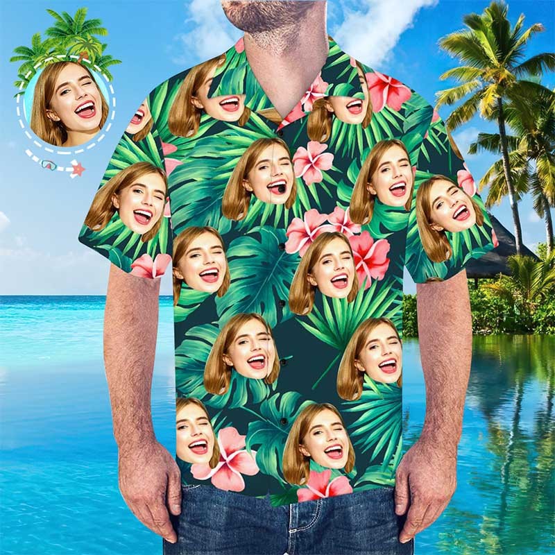Custom Tropical Shirts Custom Face Hawaiian Shirt Leaves & Flowers Men's All Over Print Hawaiian Shirt - MyFaceSocksAu