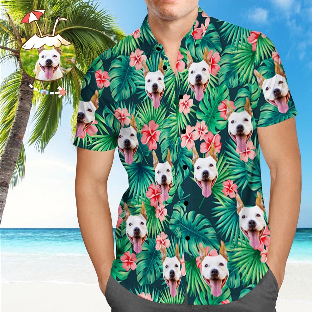 Custom Tropical Shirts Custom Dog Face Hawaiian Shirt Leaves & Flowers Shirt - MyFaceSocksAu