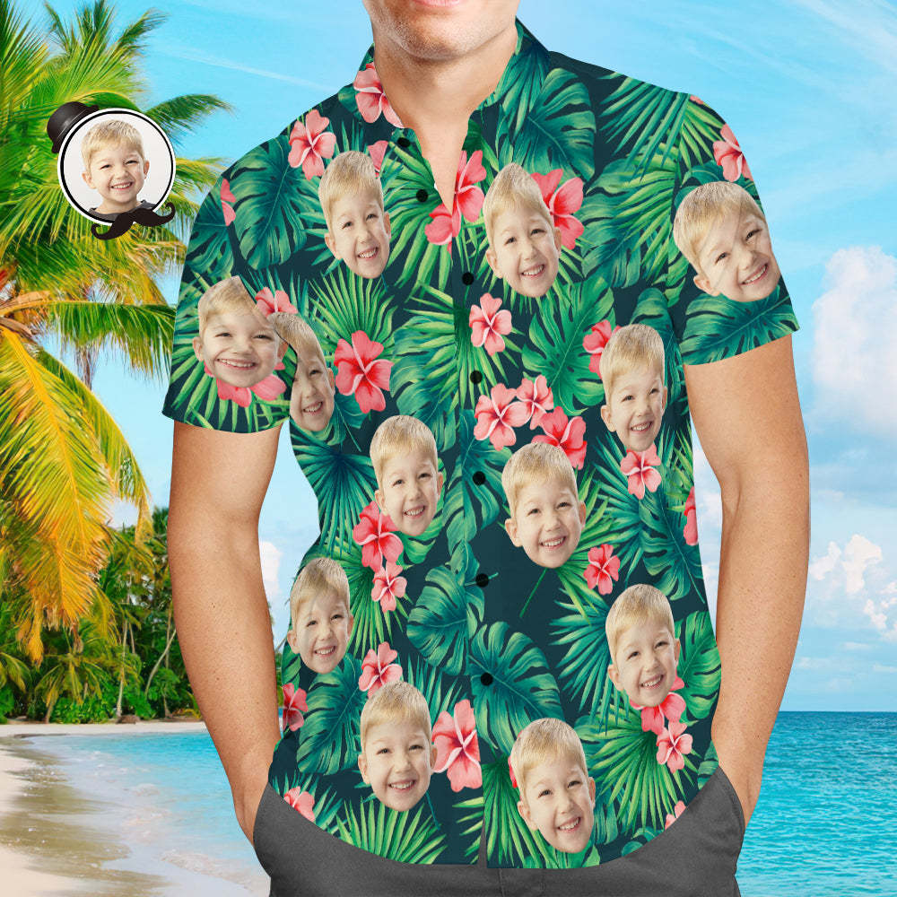 Custom Tropical Shirts Custom Face Hawaiian Shirt Leaves & Flowers Men's All Over Print Hawaiian Shirt - MyFaceSocks