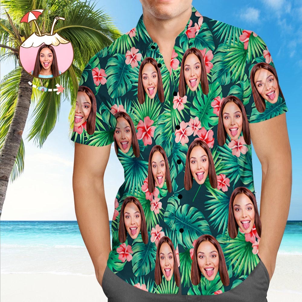 Custom Tropical Shirts Custom Face Hawaiian Shirt Leaves & Flowers Men's All Over Print Hawaiian Shirt - MyFaceSocksAu