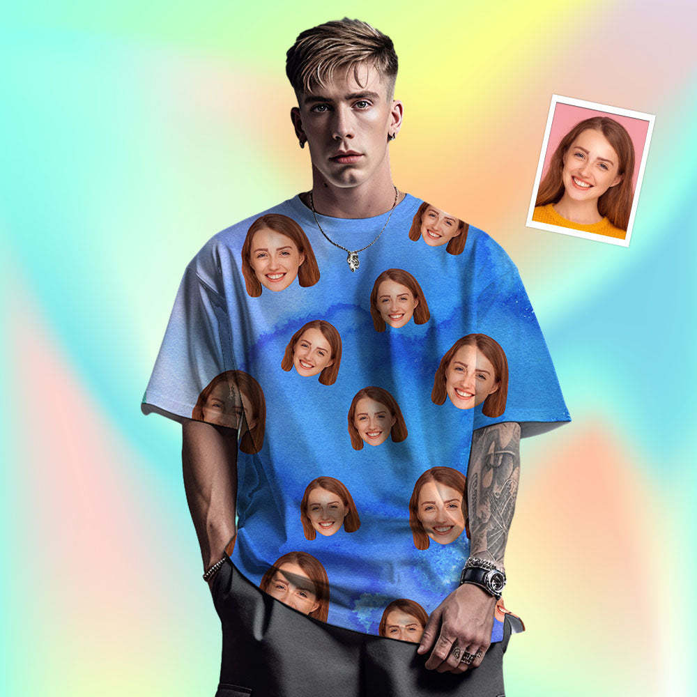 Custom Face Men's T-shirt Personalised Photo Funny Color ink T-shirt Gift Blue Color - MyFaceSocksAu