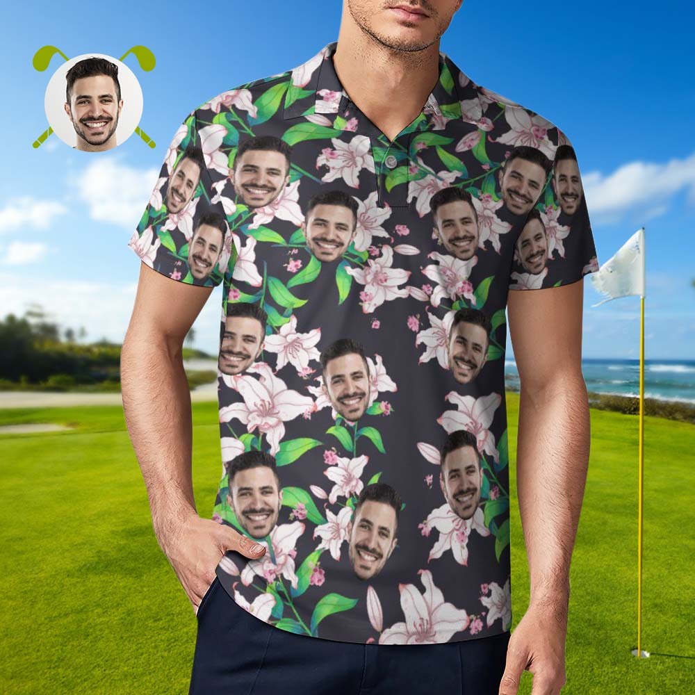 Men's Custom Face Shirt Personalised Golf Shirts Pink Lily Pattern - MyFaceSocksAu