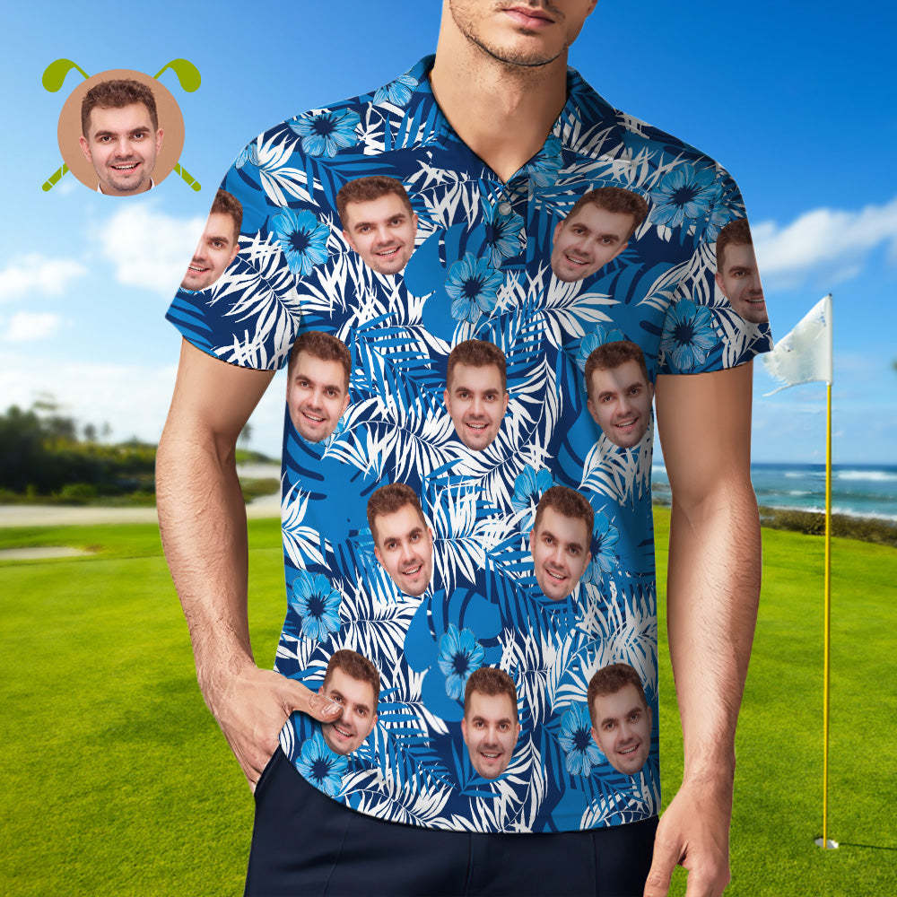 Men's Custom Face POLO Shirt Personalized Golf Shirts For Him Blue Leaves - MyFaceSocksAu