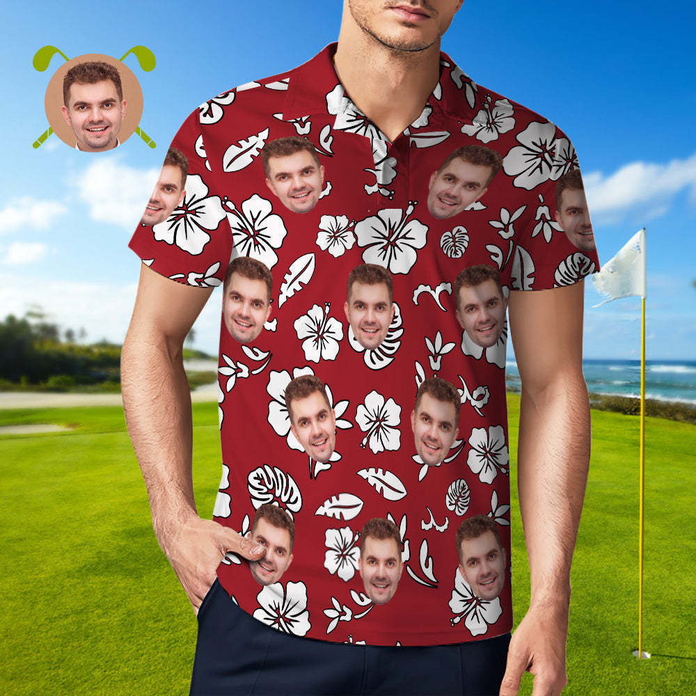 Men's Custom Face POLO Shirt Personalized Red Golf Shirts For Him White Leaves - MyFaceSocksAu