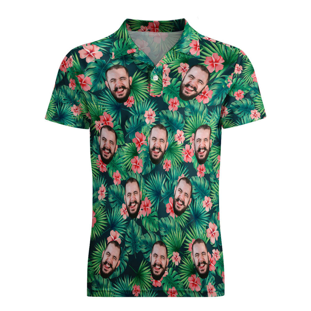 Men's Custom Face POLO Shirt Personalized Green Golf Shirts For Him Hawaiian Pink Flower - MyFaceSocksAu