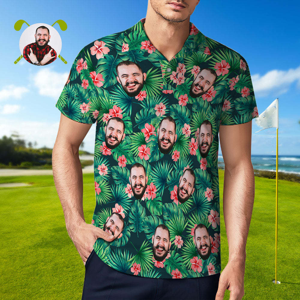 Men's Custom Face POLO Shirt Personalized Green Golf Shirts For Him Hawaiian Pink Flower - MyFaceSocksAu