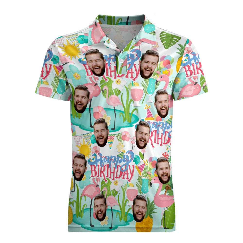 Custom Polo Shirt Hawaiian Golf Polo Shirts Happy Birthday Flamingo Party - MyFaceSocksAu