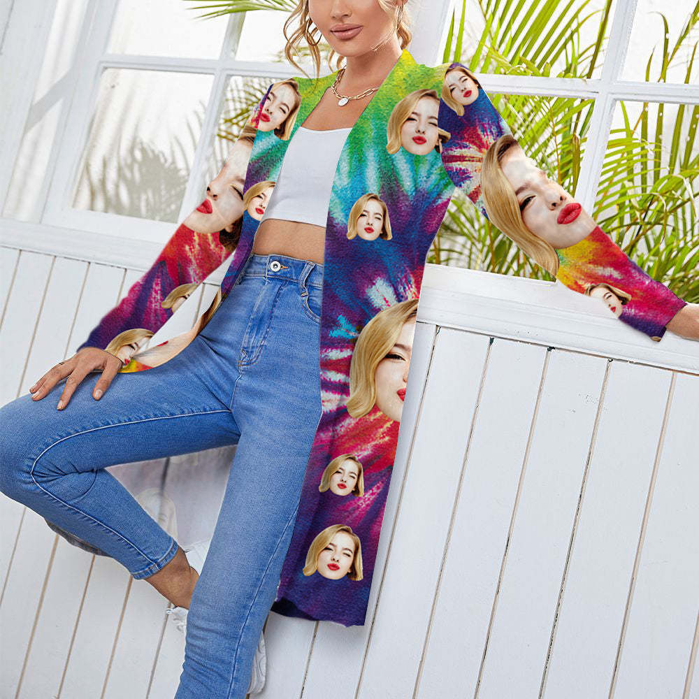 Personalized Face Rainbow Color Cardigan Women Long Sleeve Open Front Cardigans - MyFaceSocksAu
